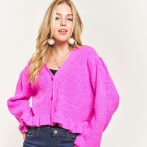 LONG PUFF SLEEVE BUTTON DOWN SWEATER CARDIGAN WITH RUFFLE HEM